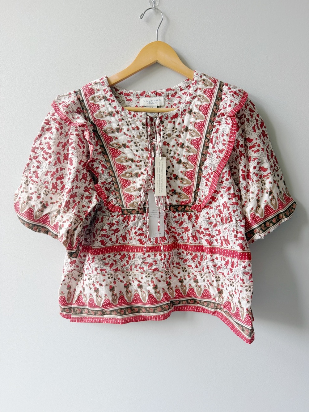 Calypso St Barth Floral Ruffle Blouse Puff Sleeves Cream and Red Size m,l new